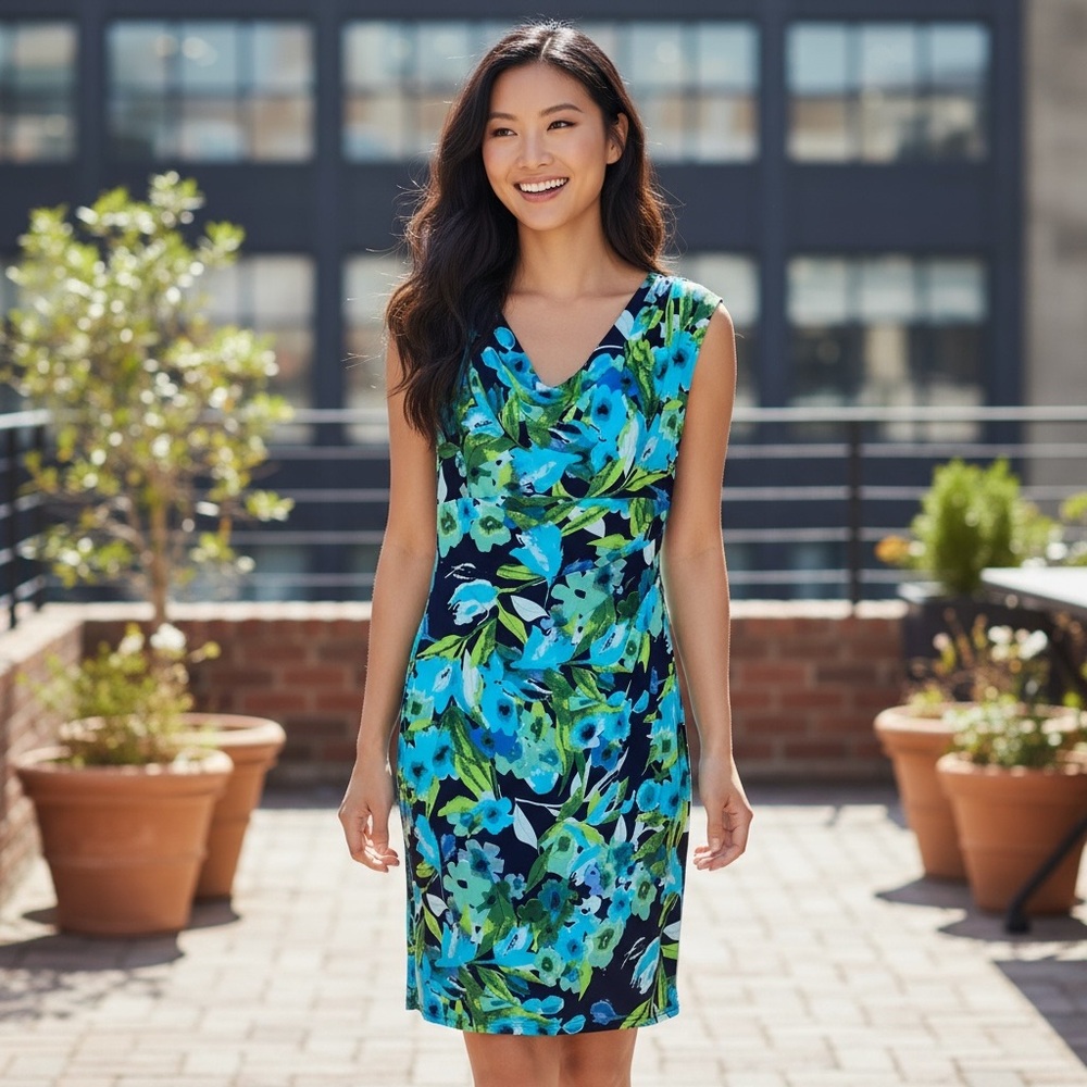 Lauren Ralph Lauren Blue Green Floral Faux Wrap Sleeveless Sheath Dress Size 12